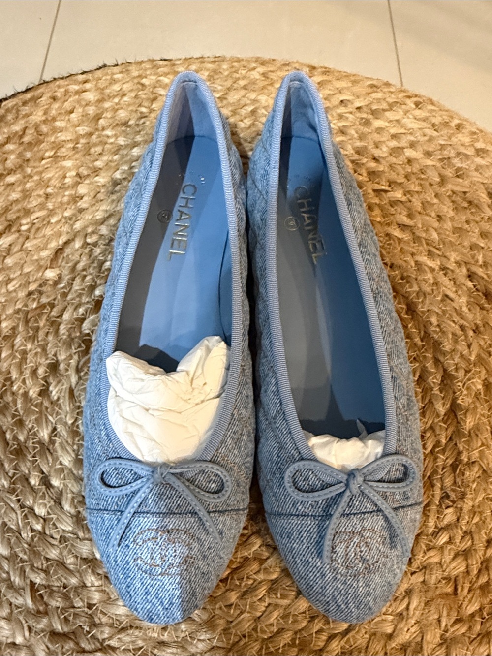 CHANEL 26B DENIM LIGHT BLUE BALLET FLATS
